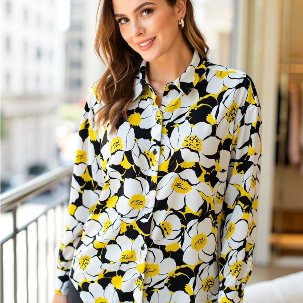Karl Lagerfeld Black and Yellow Floral Button-Down Shirt